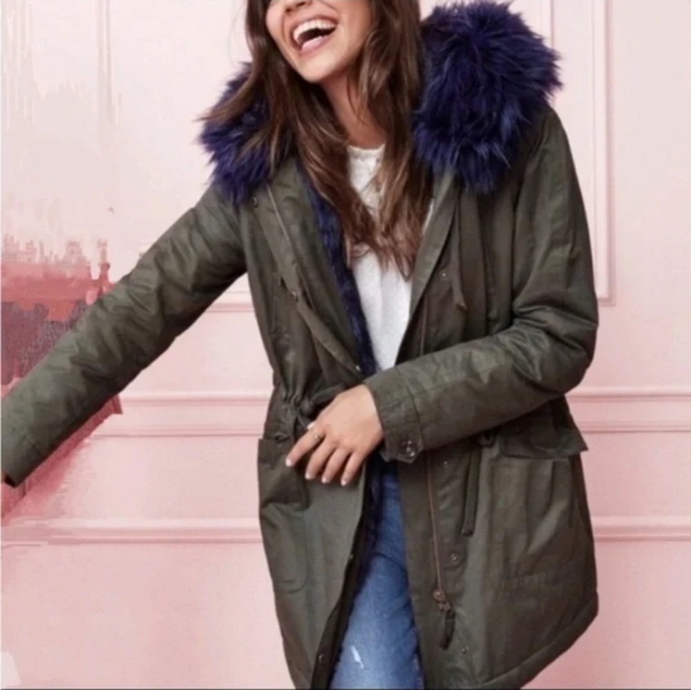 LOFT Olive Parka with Navy Faux Fur Trim